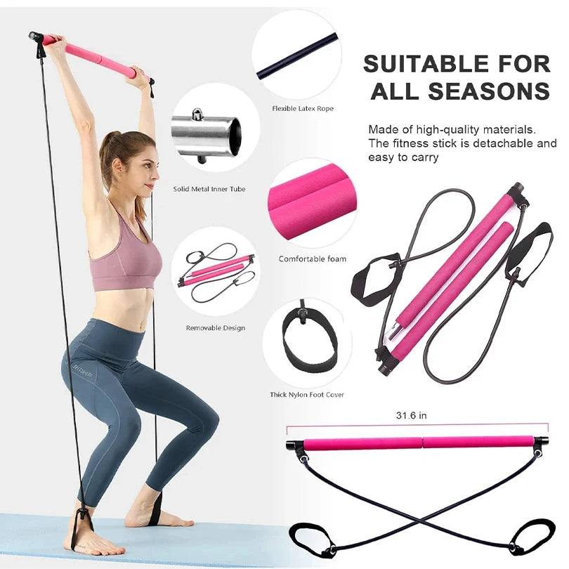 Multifunctional Pilates Bar Combination Fitness Bar Yoga Chest Expansion Tension Rope Back Trainer Elastic Rope Stretching Belt