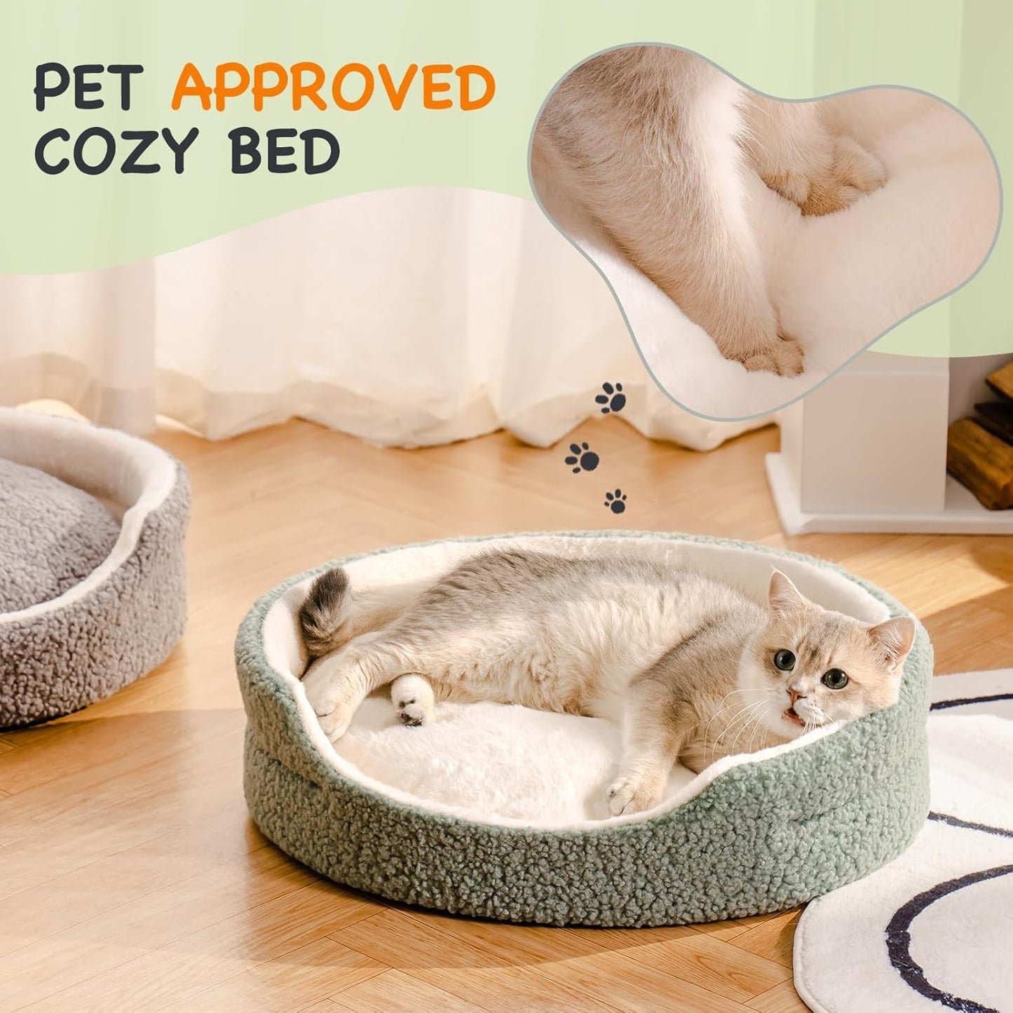 Pet Bed For Cats & Small Dogs - 23x23x7 Inch Round Orthopedic Bed With Non-Slip Bottom, Plush Indoor Cat Bed For Kittens & Puppies, Sage Green