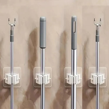 4 Piece White Non Perforated Mop Holder, Self-adhesive Installation, Suitable for Kitchen and Bathroom - Can Fix Brooms, Mops