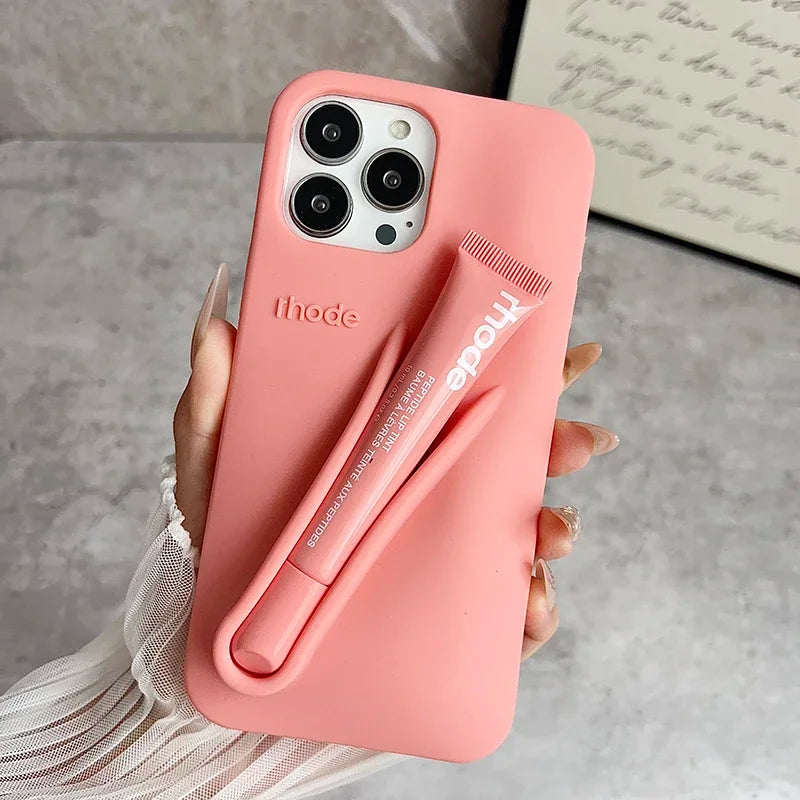 Lemontini Phone Case for IPhone 11 12 13 14 15 16 Pro Max Plus 17 Air Makeup Lip Gloss Silicone Cover with Lip Glaze