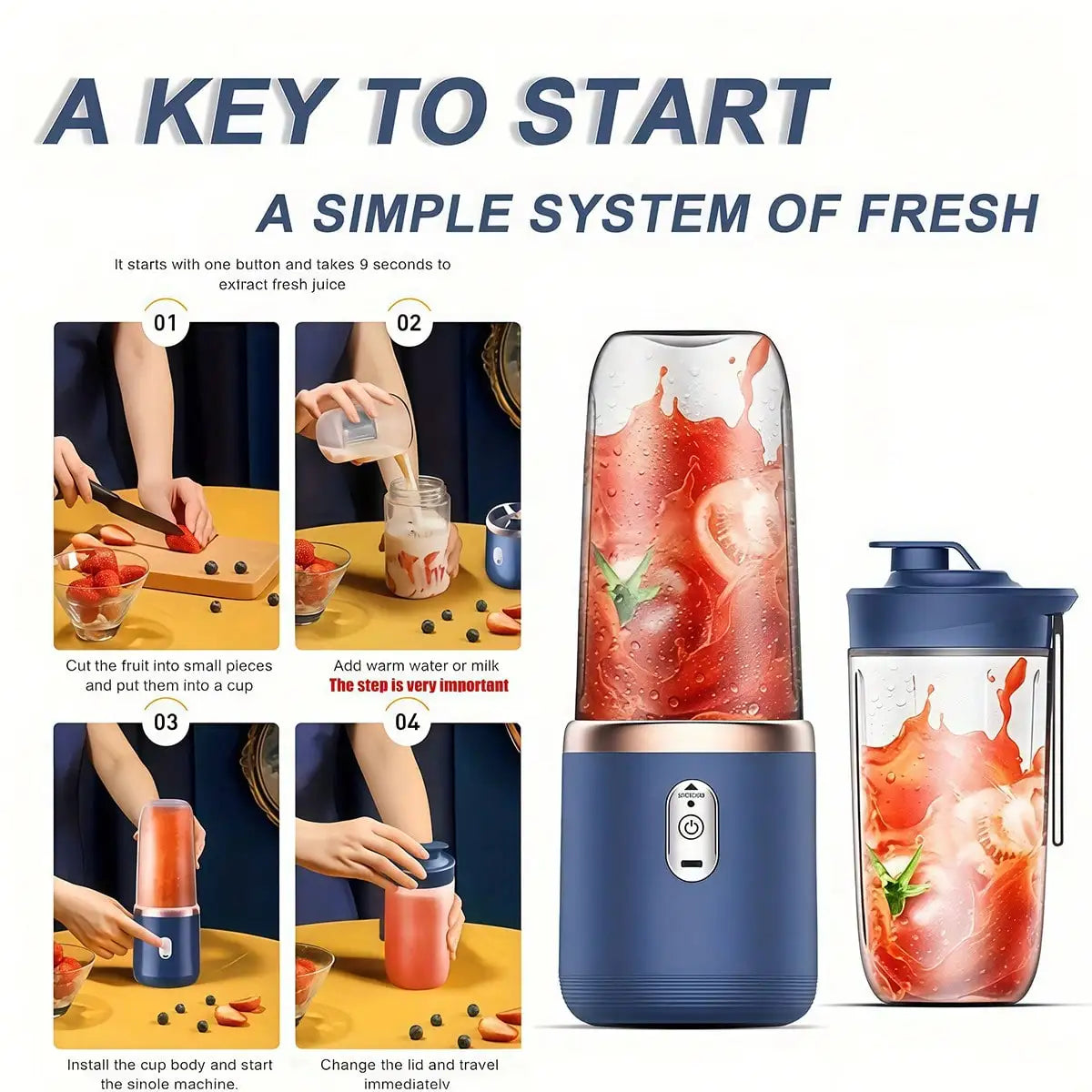 Portable Blender Juicer with Cup - Crush Fruits Veggies for Smoothies, Kitchen Gym Essential