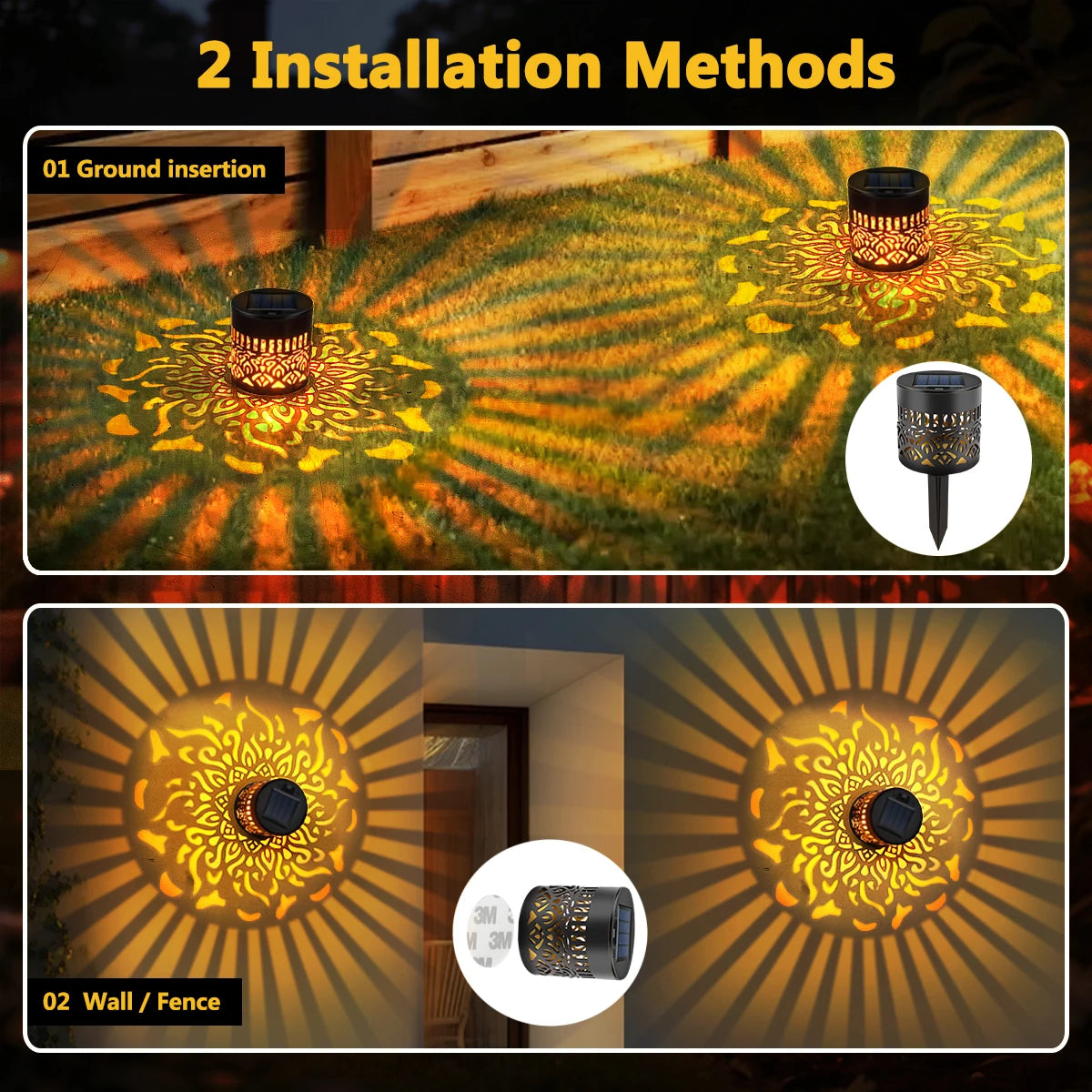Outdoor Solar Powered Wall Light with Mandala Design Projection for Garden Yard Patio Decoration Solar Decor Light 2 Install way