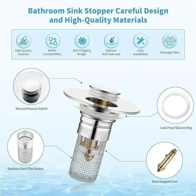2 Pack Bathroom Sink Drain Strainer, 2 in 1 Pop Up Bathroom Sink Stopper with Hair Catcher Basket for 1~1.5 Inch Drain Holes.