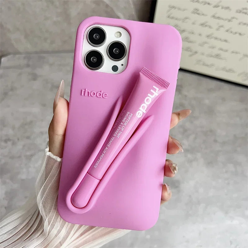 Lemontini Phone Case for IPhone 11 12 13 14 15 16 Pro Max Plus 17 Air Makeup Lip Gloss Silicone Cover with Lip Glaze