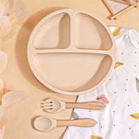 Baby Silicone Feeding Set Suction Plate Divided Plate Spoon Fork Silicone Bibs Children Tablewar 3PCS