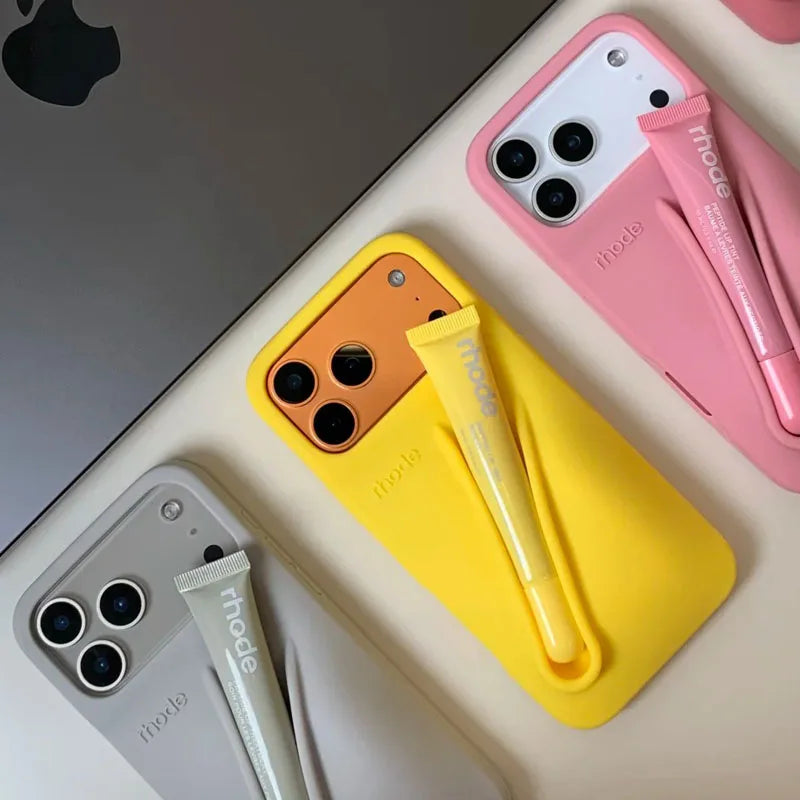 Lemontini Phone Case for IPhone 11 12 13 14 15 16 Pro Max Plus 17 Air Makeup Lip Gloss Silicone Cover with Lip Glaze