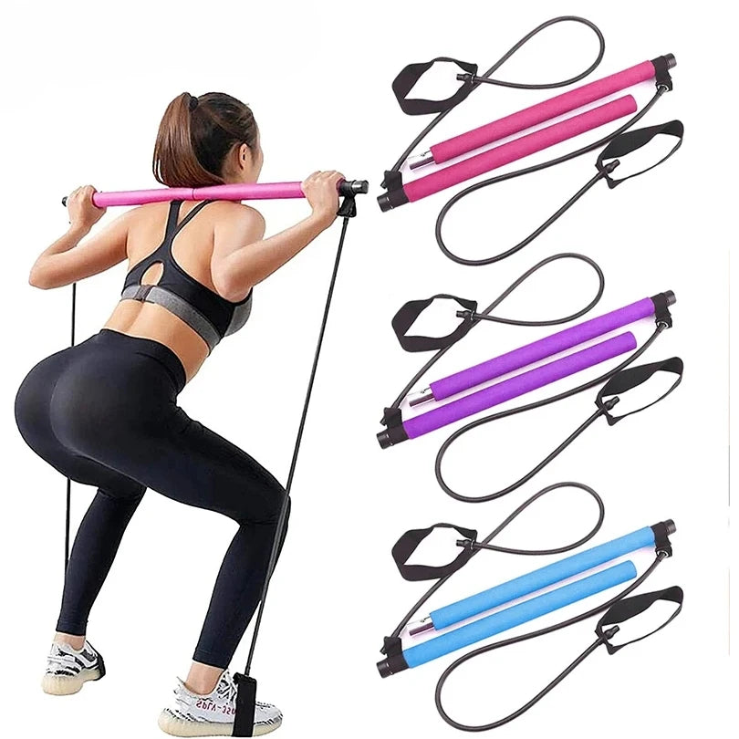 Multifunctional Pilates Bar Combination Fitness Bar Yoga Chest Expansion Tension Rope Back Trainer Elastic Rope Stretching Belt