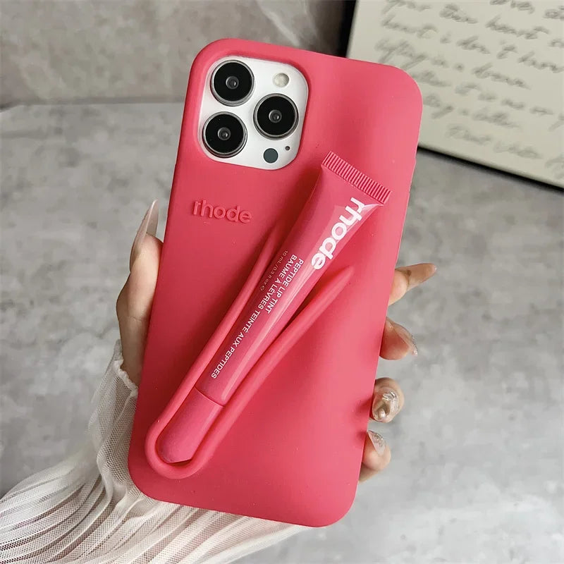 Lemontini Phone Case for IPhone 11 12 13 14 15 16 Pro Max Plus 17 Air Makeup Lip Gloss Silicone Cover with Lip Glaze