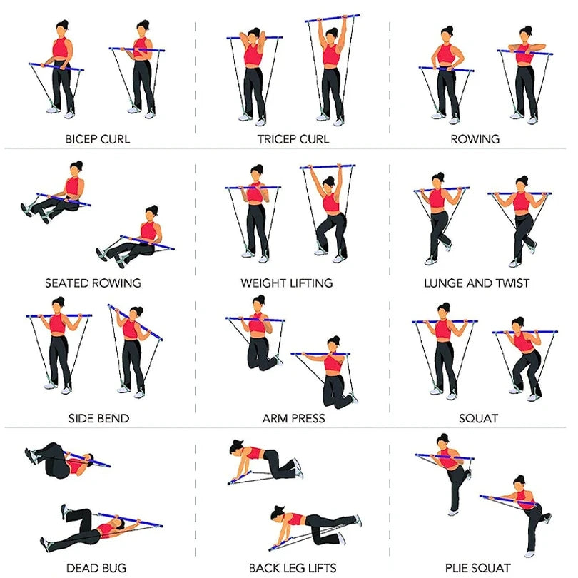 Multifunctional Pilates Bar Combination Fitness Bar Yoga Chest Expansion Tension Rope Back Trainer Elastic Rope Stretching Belt