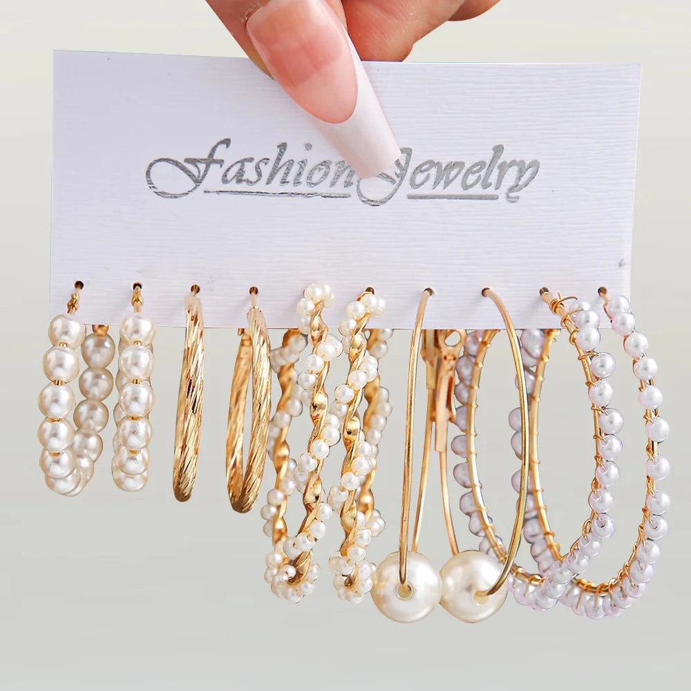 Fashion women's round earrings set, imitation pearl plated K gold jewelry gift