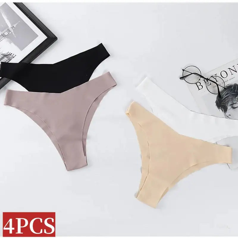 Ice Silk Low Rise Panties Seamless Underwear Women V-Shaped Briefs Quick-Drying Sports Thongs Female Underpants S-L 4Pcs/Set