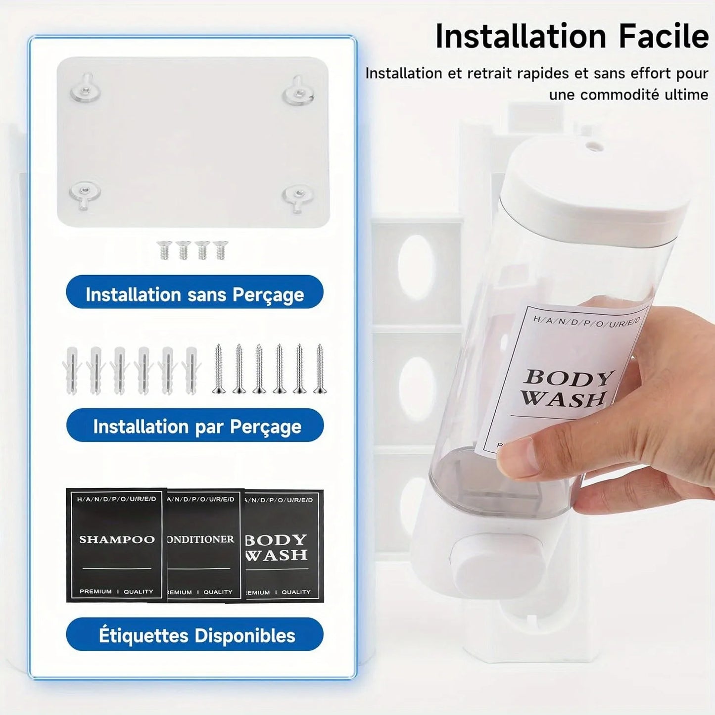 Wall-mounted Soap Dispenser, Shower Gel Dispenser, 3-in-1 Shampoo and Conditioner Dispenser, No Drilling Required, ABS Material,
