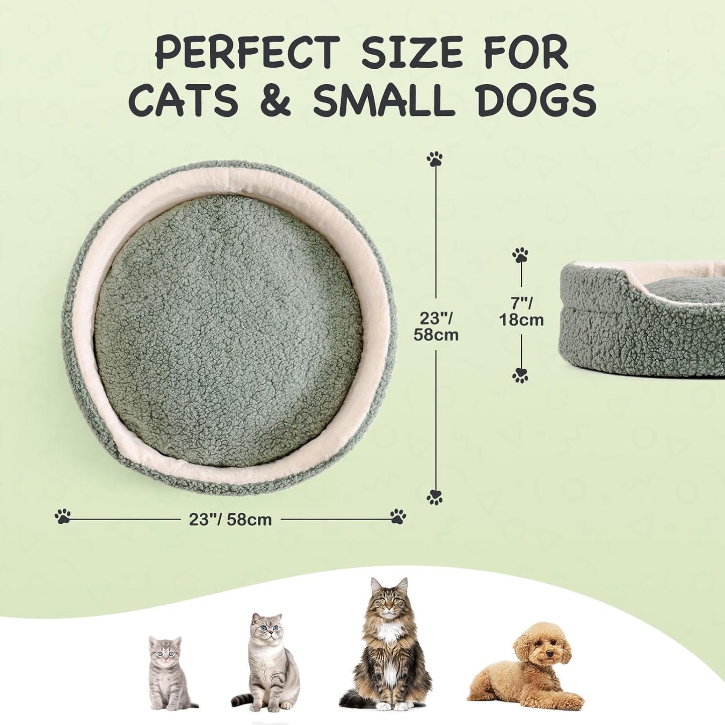 Pet Bed For Cats & Small Dogs - 23x23x7 Inch Round Orthopedic Bed With Non-Slip Bottom, Plush Indoor Cat Bed For Kittens & Puppies, Sage Green